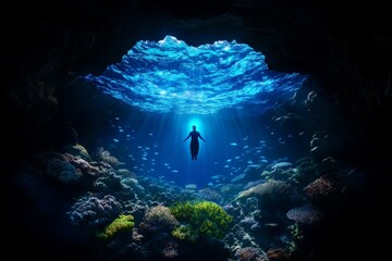 Wall Mural - A surreal underwater world, with glowing fish swimming among coral, and a figure floating gracefully through the deep