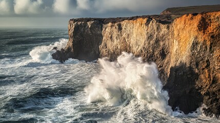 Dramatic ocean waves crashing against rugged cliffs under a moody sky.