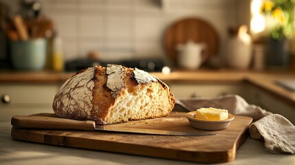 Wall Mural - A loaf of bread on a wooden board with butter, set in a cozy kitchen environment.