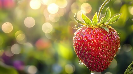 Sticker -   Close-up of strawberry on stem with water droplets, blurry boke of trees in background