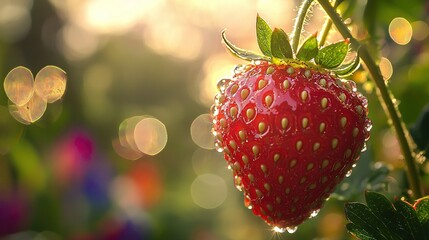 Sticker -   A high-resolution image of a strawberry on a leaf with water droplets nearby, set against a slightly blurred background