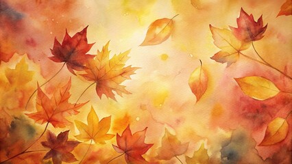 Autumn leaves falling on a warm watercolor background