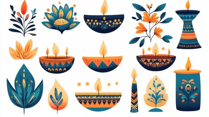 A collection of Diwali clipart featuring colorful diyas, rangoli patterns, and festive elements