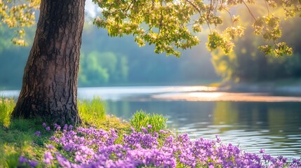 Wall Mural - Lake view enhanced by purple flowers and tree image