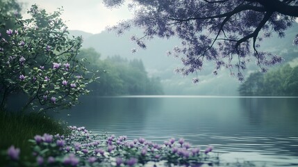 Wall Mural - Peaceful lake landscape with purple flowers and tree image