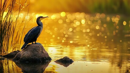   A bird atop a rock amidst a lake with a sunset backdrop