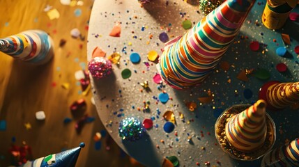 A festive table adorned with colorful party hats and confetti, celebrating a joyful occasion.