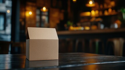 A simple brown box sits on a table in a cozy café setting, suggesting takeout or delivery.