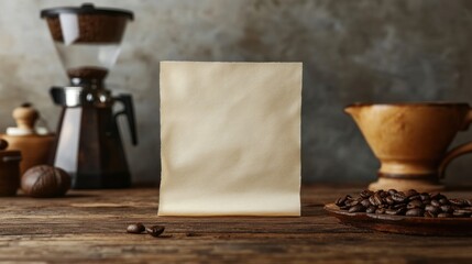 Wall Mural - A blank note sits on a rustic table with coffee beans and equipment in the background.