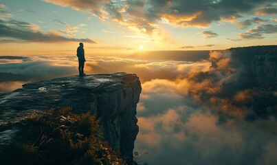 The silhouette of a man, on the mountaintop, with steep rocks and white clouds drifting by, sunrise, high contrast, distant blurring, protruding cliffs, and a blurry valley below the cliff.