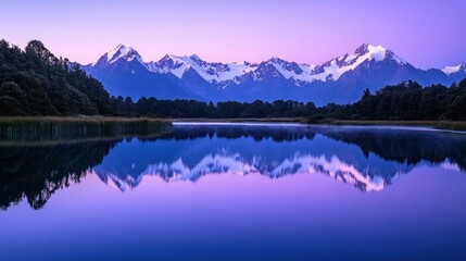 Poster - Serene mountain landscape reflecting in calm waters at dusk.