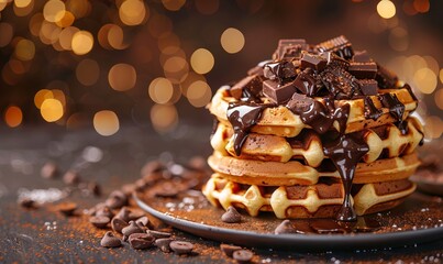 Wall Mural - Waffles with chocolate in top with explosion of lights and colors on the background