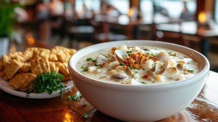 Poster - A bowl of creamy clam chowder garnished with herbs, served with a side of crackers.