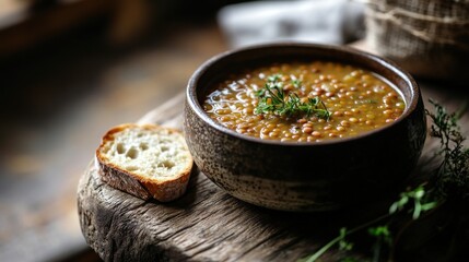 Poster - A rustic bowl of lentil soup garnished with herbs, accompanied by a slice of bread.