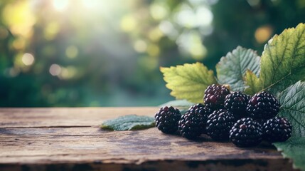 Fresh blackberries on a wooden table with green leaves in a natural setting.