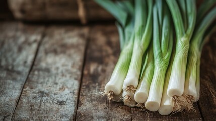 Wall Mural - Fresh green onions arranged on a rustic wooden surface.