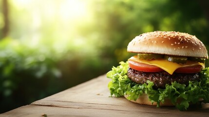 A delicious hamburger with lettuce, tomato, cheese, and pickles on a wooden table in nature.