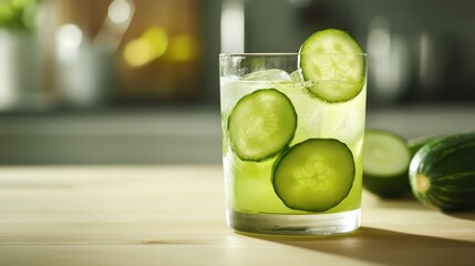 Wall Mural - A refreshing cucumber drink with ice, garnished with cucumber slices, on a wooden table.