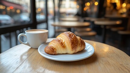 Poster - A croissant and coffee on a wooden table in a cozy café setting.