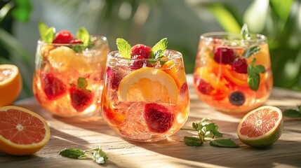 Poster -   A table topped with glasses filled with fruit and vegetables next to slices of oranges and raspberries