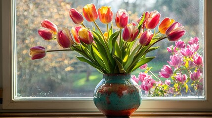 Wall Mural -   A vase with pink and yellow tulips sits on a window sill beside one