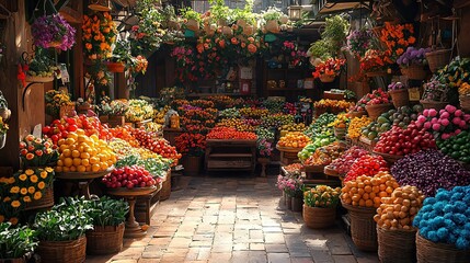   A bustling market brimming with various fruit and vegetable arrays, suspended from a multi-tiered building's ceiling