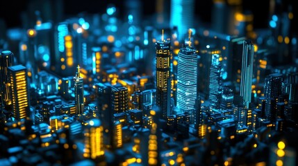 Sticker - A vibrant, futuristic cityscape illuminated with blue and orange lights.