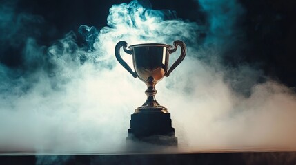 First place champion award showcasing the best prize and winner concept with a championship cup or winner trophy displayed in a showroom against a dark wall with white smoke background