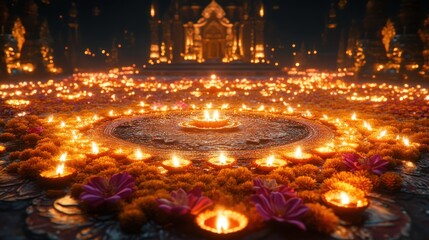 Poster - a rich, golden diwali display with intricate rangoli, glowing lamps, and festive joy
