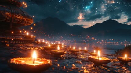 Wall Mural - a serene diwali wallpaper featuring soft glowing lamps and a peaceful night sky