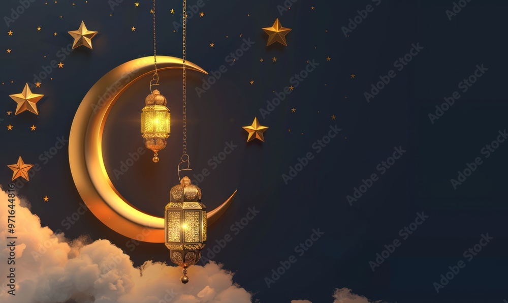 Golden crescent moon and lanterns with stars against dark night sky ...