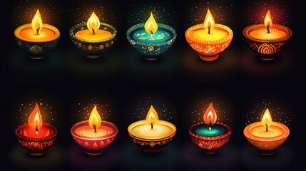 Wall Mural - A set of Diwali candle clipart featuring glowing candles in various designs and colors