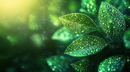 Poster -   A green leaf with drops of water and bright background light