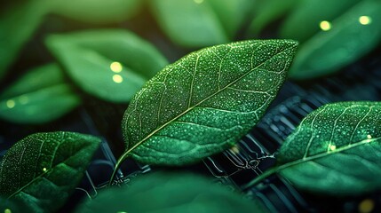 Poster -   A close-up of a green leaf with water droplets is shown in the foreground