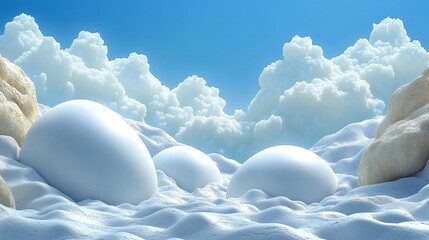 A serene landscape featuring large, smooth eggs in fluffy snow under a bright blue sky with soft clouds.