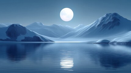 A tranquil blue landscape featuring snowy mountains and a full moon reflecting on a calm lake, evoking serenity and beauty.