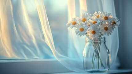 Poster -   A white vase filled with daisies sits on a window sill alongside a white curtain and window