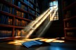 © Sanchai - An ancient library, where shafts of light break through dust-filled windows, illuminating shelves full of old, forgotten books