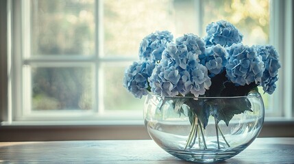 Poster -   A blue-filled vase rests atop a wooden table by a window with numerous sills