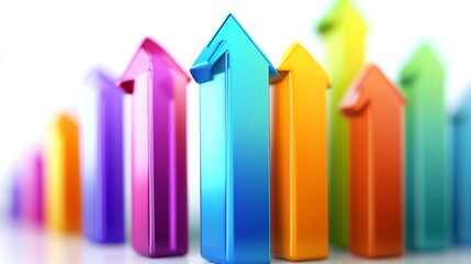 Leinwandbilder - A 3D-rendered bar graph representing financial growth, with vibrant colors and arrows pointing upwards on a white background, symbolizing economic progress.