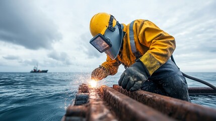 Industrial underwater welder, securing marine structure.