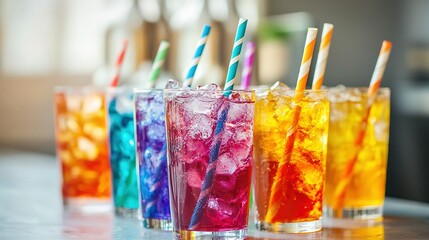 Wall Mural -   Row of vibrant beverages on table with paper straws protruding from cups