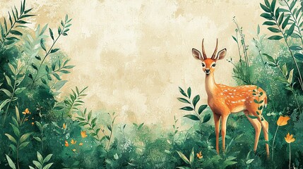 Sticker -   A fawn painting surrounded by vibrant flora