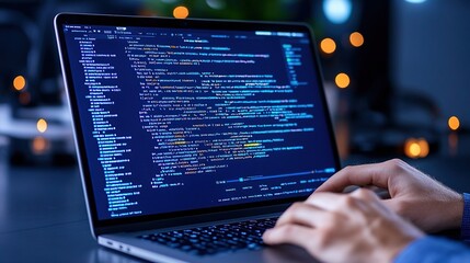 Developer programming on a laptop with computer code. This digital technology concept represents development and tech engineering. 