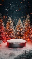 Wall Mural - A beautifully decorated podium is encircled by pine trees, glowing lights, and soft snowfall, creating a magical winter atmosphere