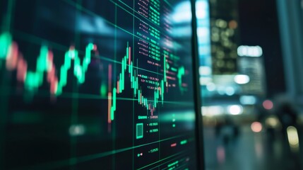 Poster - A close-up of a computer screen showing a live stock market graph with green and red candlesticks, illustrating market volatility and price movements