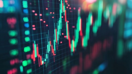 Aufkleber - A close-up of a computer screen showing a live stock market graph with green and red candlesticks, illustrating market volatility and price movements