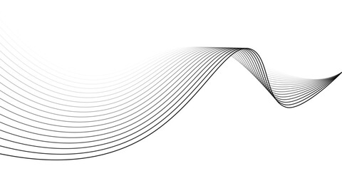 Poster - Abstract black waves, smooth flowing dynamic halftone gradient lines pattern (Guilloche curves) isolated on transparent background. Vector design element of sound, ocean wave