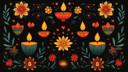 Wall Mural - Hand-drawn Diwali illustrations featuring diyas, flowers, and festive motifs