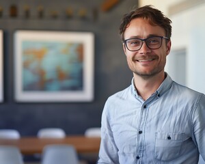 Wall Mural - Businessman wearing glasses and a casual shirt, smiling and posing in a modern office setting.